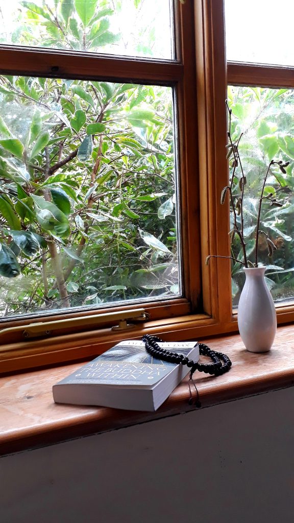 Blick aus einem Fenster in einem der Gästezimmer des Bonhays Meditations- und Retreat Zentrums. Auf der Fensterbank ein Buch über den inneren Buddha, eine Mala und eine Vase mit einem minimalistischen Gesteck. Draussen vor dem Fenster ein dichtes, grünes Pflanzengewirr.