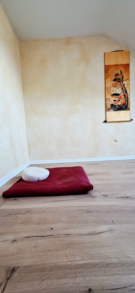 Ein weisses Meditationskissen liegt in einem Meditatiosraum mit Holzfussboden. An der Wand hängt Rollbild mit dem nei jin tu, dem Bild von der inneren Landschaft des Menschen.
Dies Form von Spiritualität, die in diesem Setting deutlich wird, ist typisch für meine Art des Coaching und die von mir geleiteten Retreats.