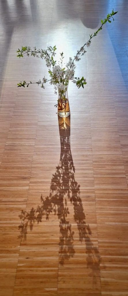 Eine Vase mit einem Frühlingszweig auf einem Holzfußboden als Gestaltete Mitte während einer Weiterbildung des KSA Institutes Heidelberg in den Räumen des +punkt. (Ökumenisches Forum)